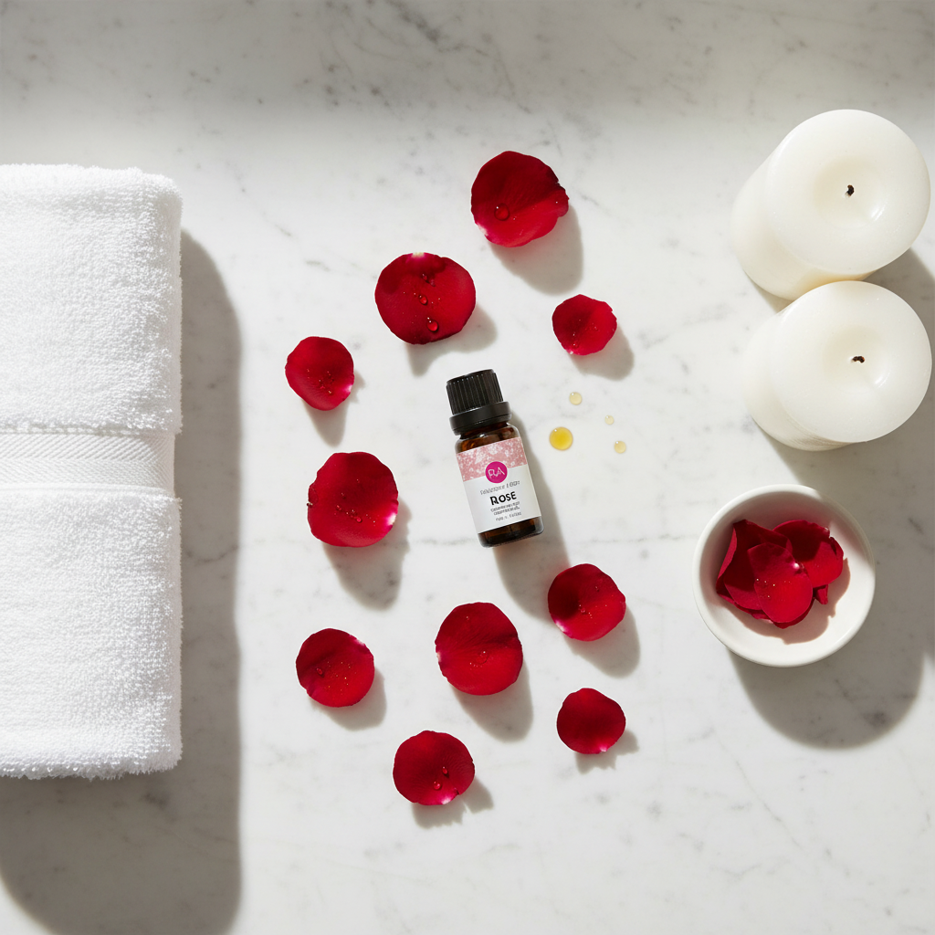 Spa flat lay with Rose Essential Oil