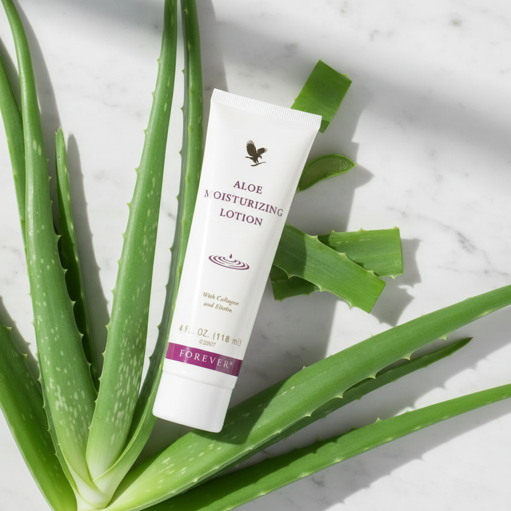 Forever Aloe Moisturizing Lotion on white marble with aloe