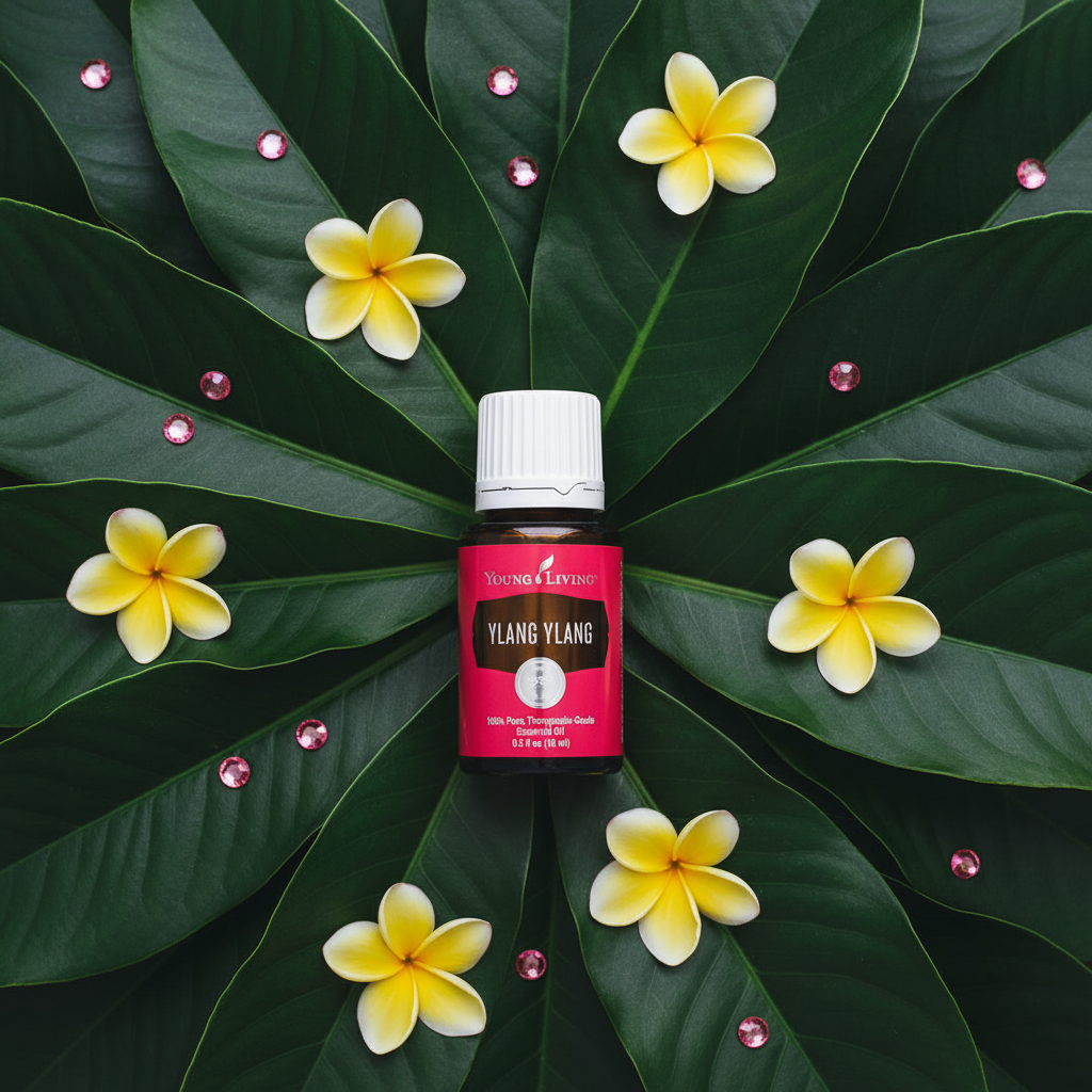 Ylang Ylang essential oil overhead flat lay on tropical leaves