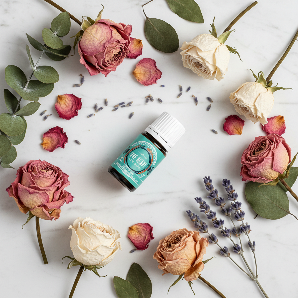 One Heart essential oil flat lay on white marble with dried flowers