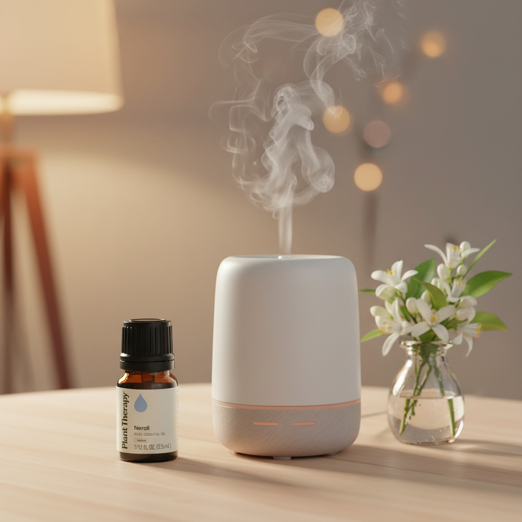 Plant Therapy Neroli Essential Oil next to diffuser with soft mist and orange blossoms