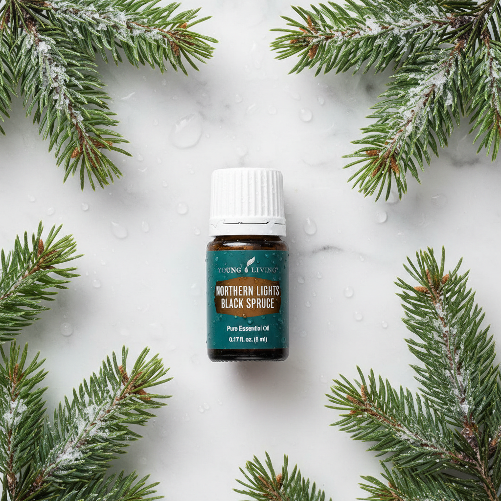 Northern Lights Black Spruce bottle on marble with spruce branches and snow crystals