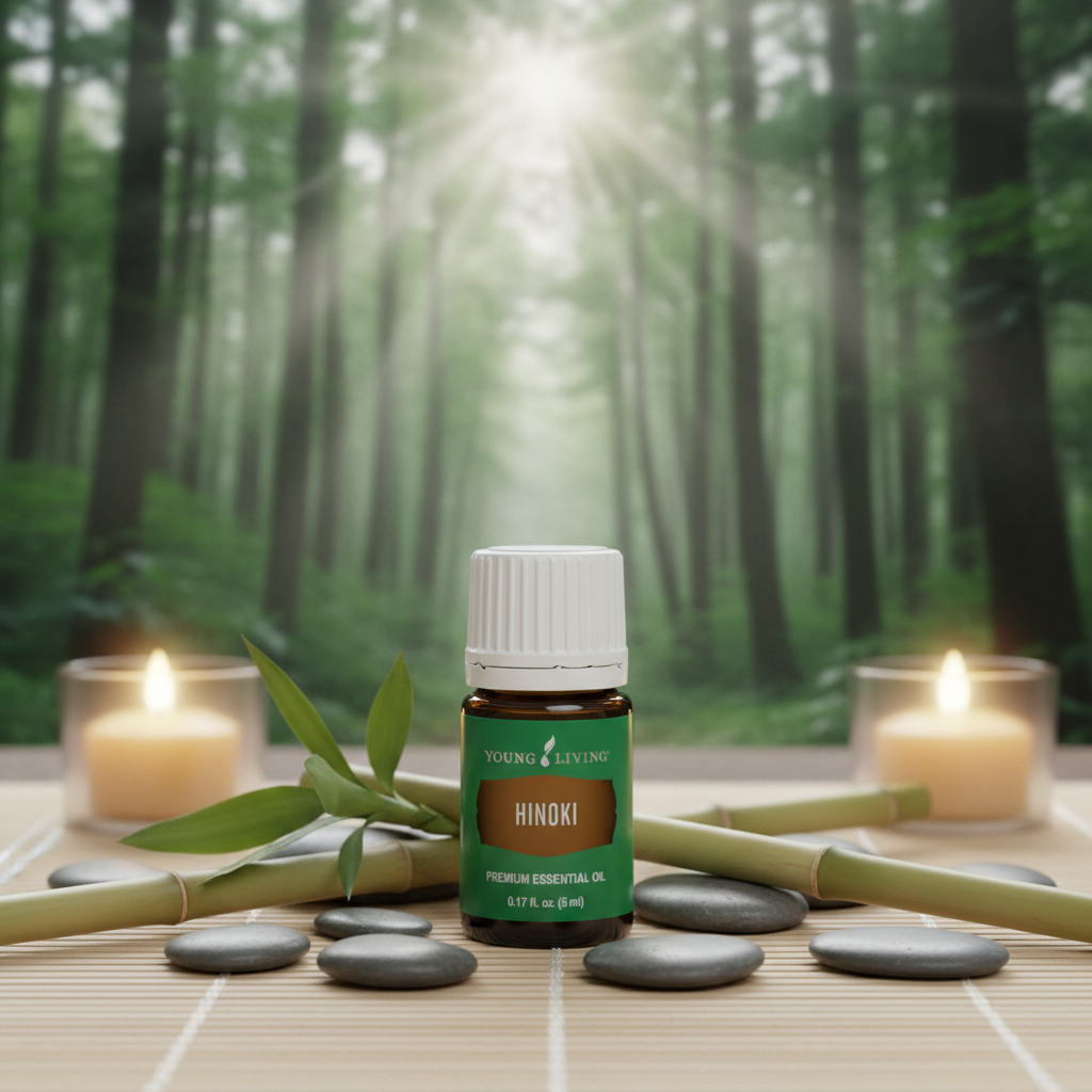 Hinoki bottle on zen meditation mat with stones and bamboo