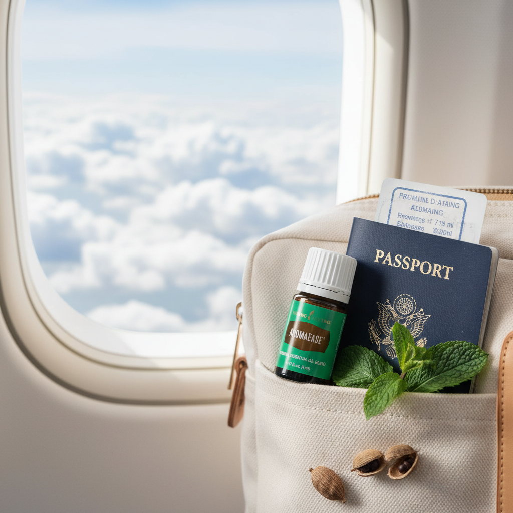 AromaEase essential oil on travel bag with passport and airplane window