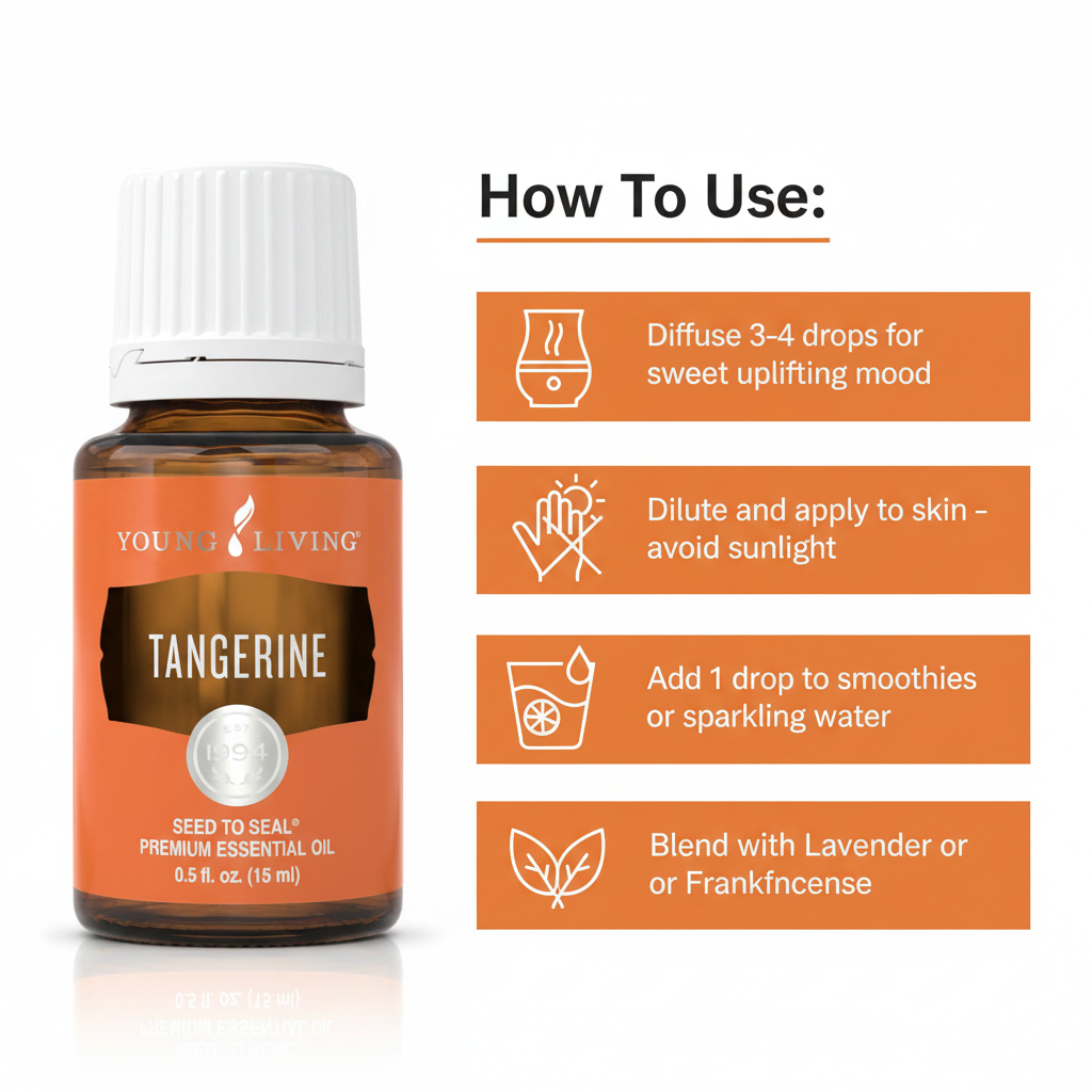 Tangerine how to use infographic - Diffuse, Topical, Culinary, Blend with Lavender or Frankincense