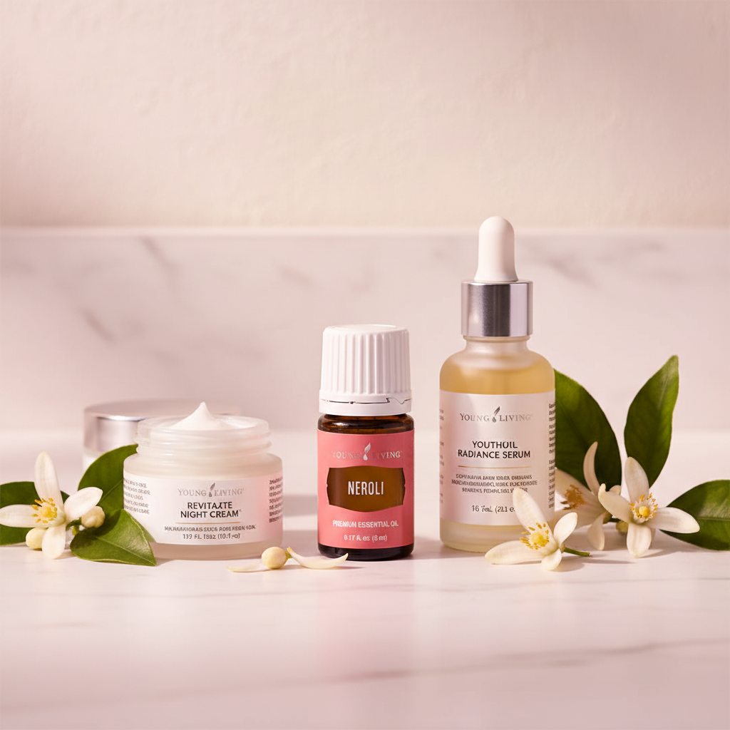Young Living Neroli Essential Oil with luxury anti-aging skincare on marble vanity