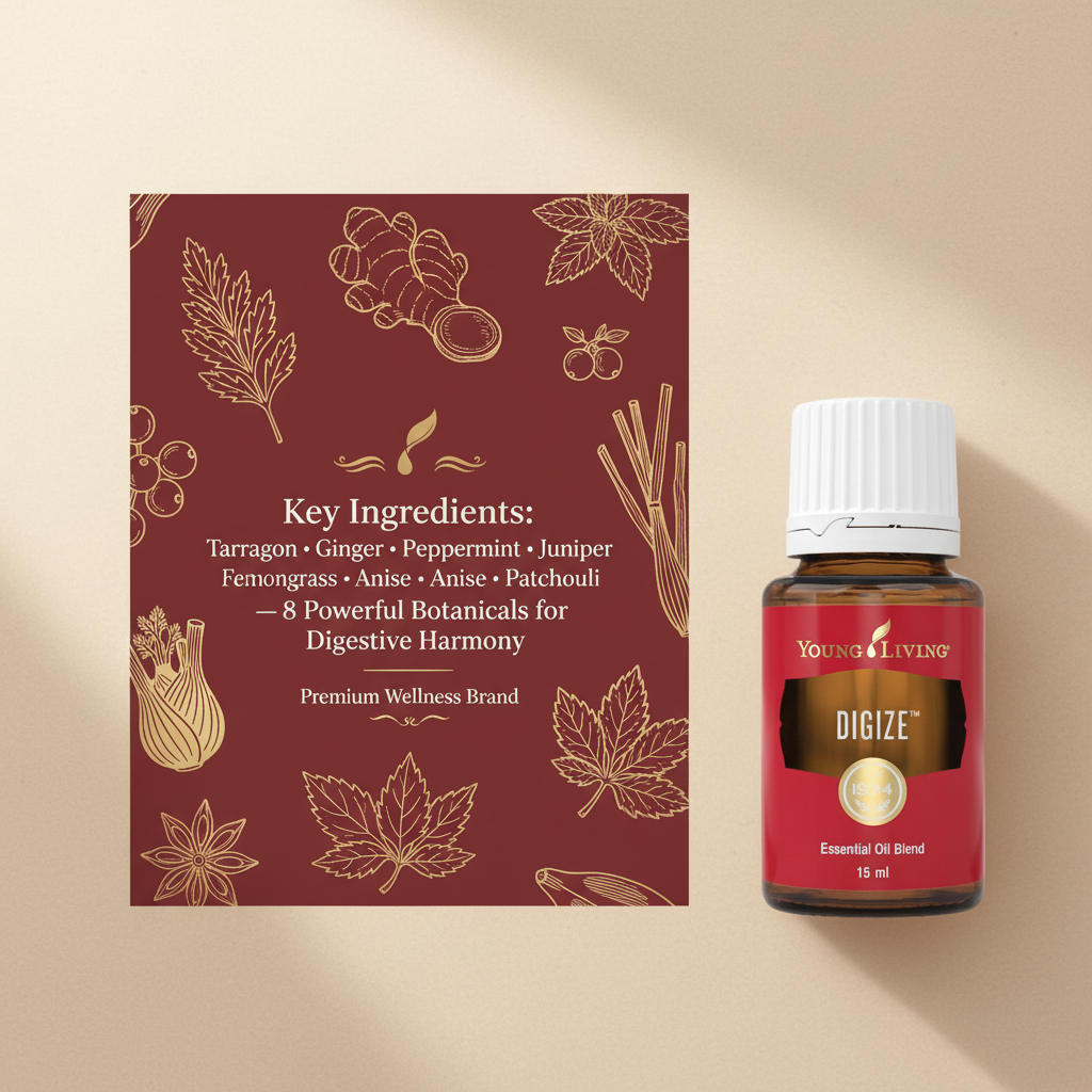 DiGize ingredients infographic - Tarragon, Ginger, Peppermint, Juniper, Fennel, Lemongrass, Anise, Patchouli