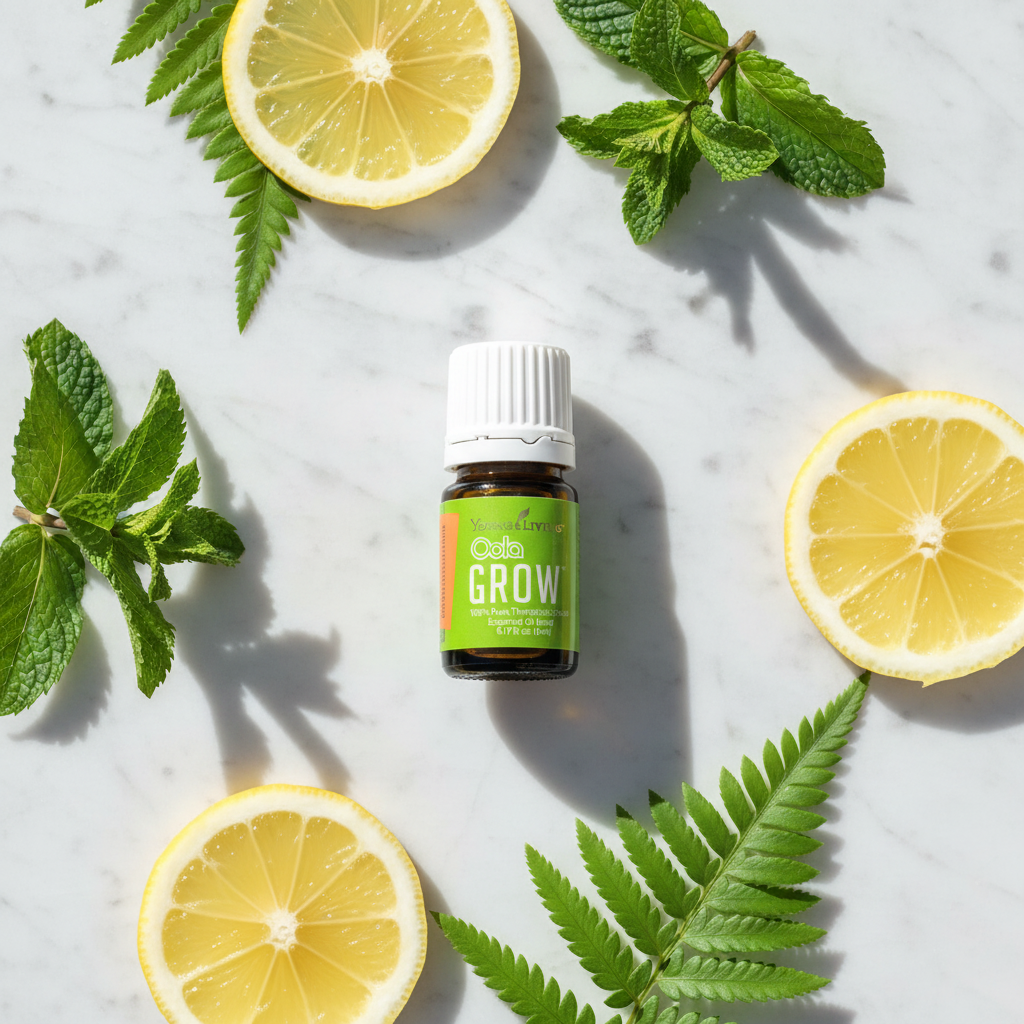Young Living Oola Grow essential oil flat lay on marble with mint leaves, lemon slices and fern fronds