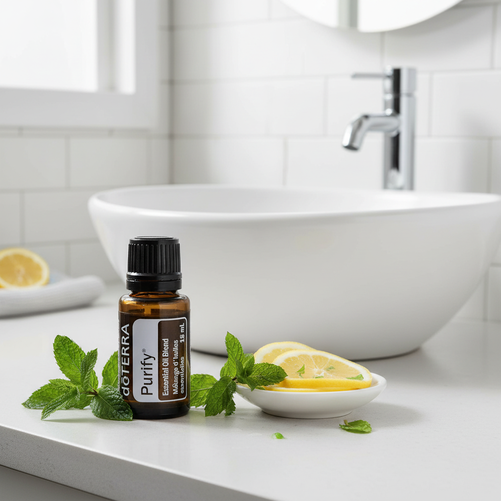 doTERRA Purify on bathroom vanity with mint and lemon