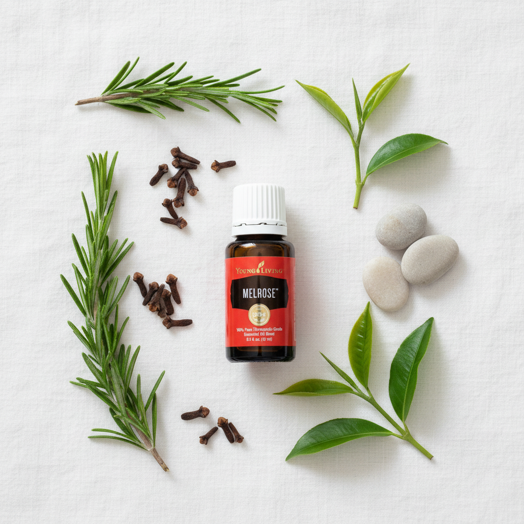 Melrose essential oil flat lay on white linen with rosemary, clove and tea tree leaves