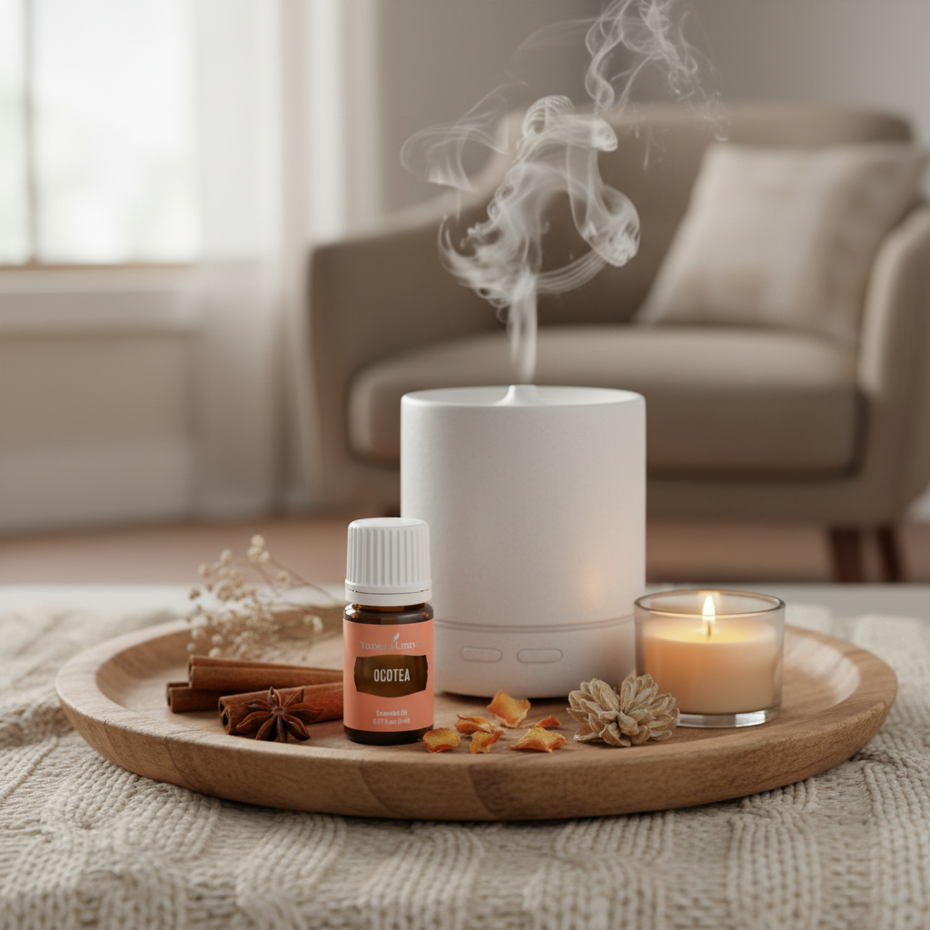 Ocotea essential oil next to ceramic diffuser with mist and botanicals