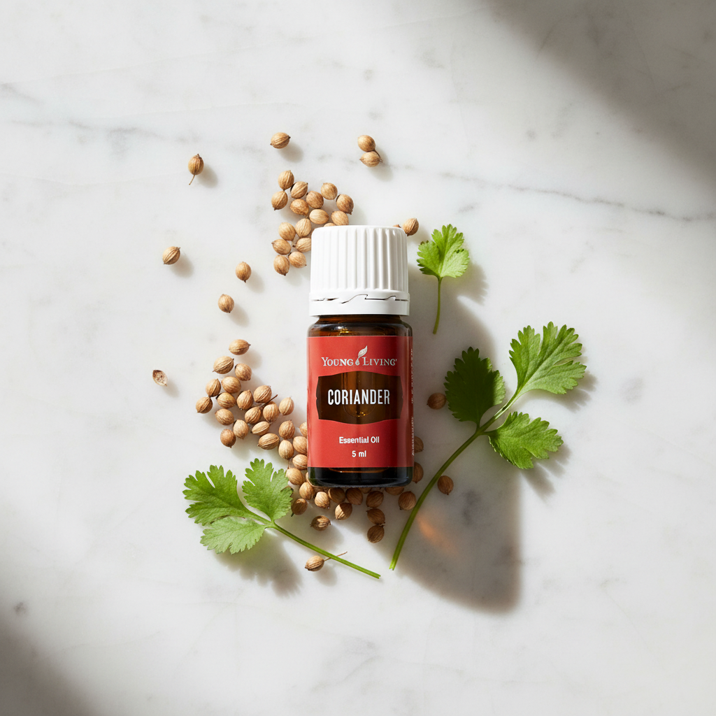 Coriander Essential Oil marble flat lay with seeds and leaves