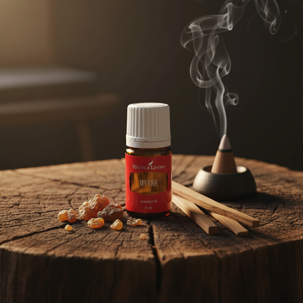 Myrrh essential oil on rustic wood with dried resin, sandalwood sticks and incense