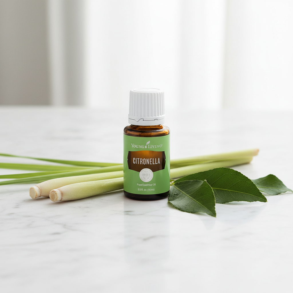 Citronella essential oil on marble with fresh lemongrass stalks and citronella leaves