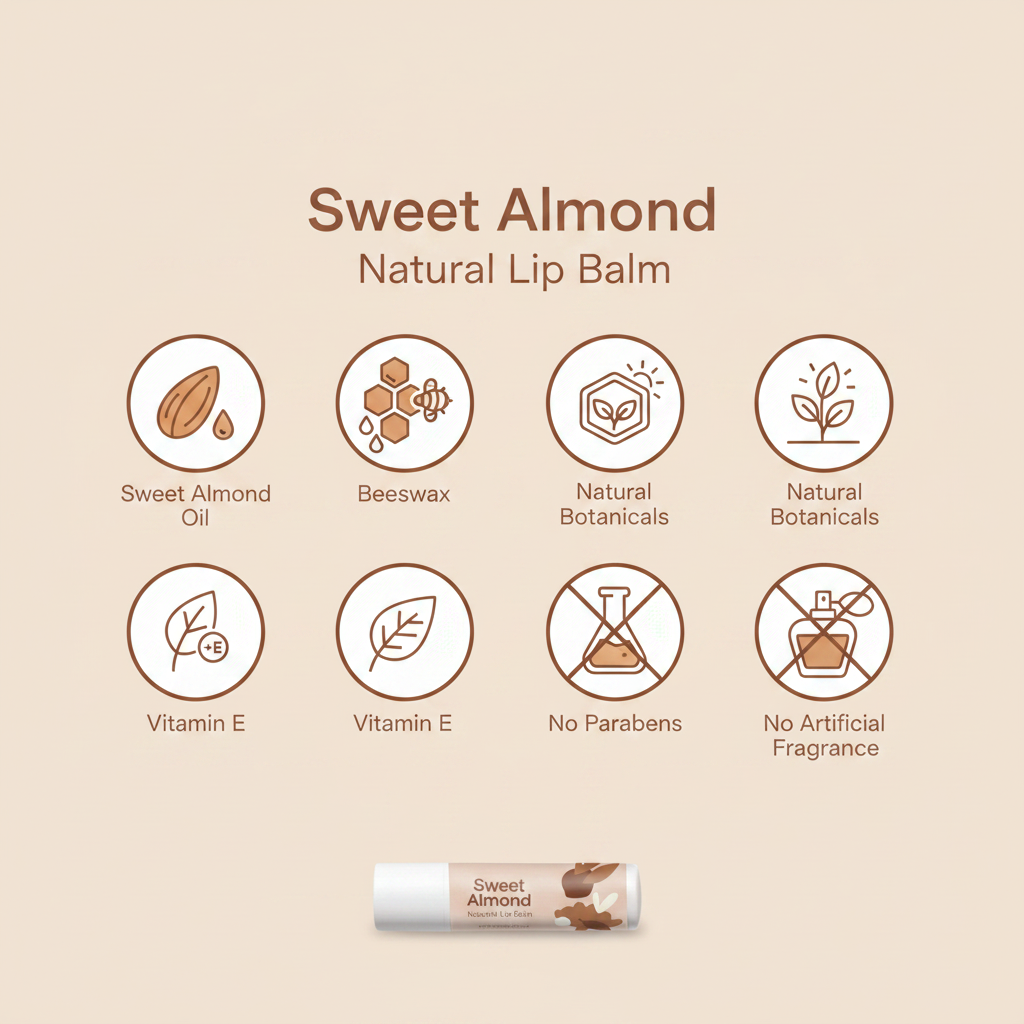 Sweet Almond Natural Lip Balm ingredients infographic
