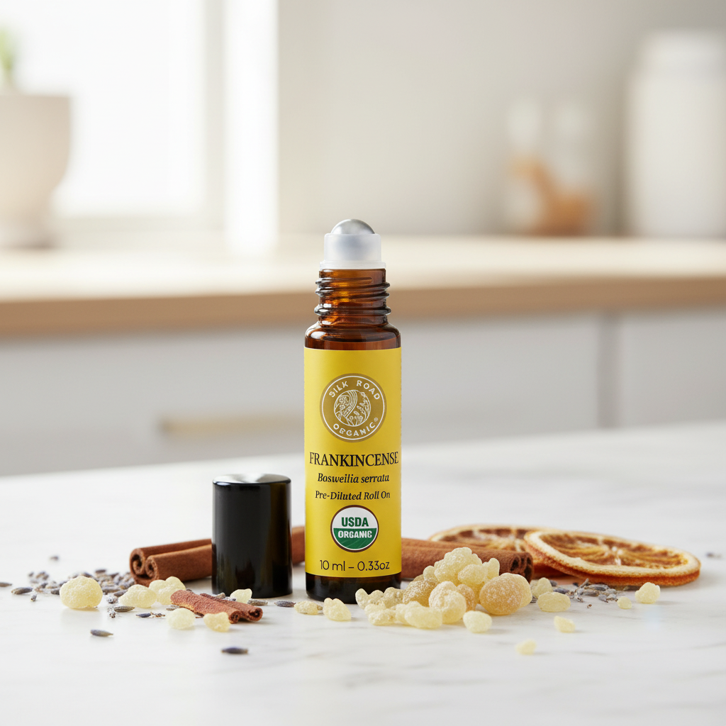 Frankincense roll-on on marble with resin crystals