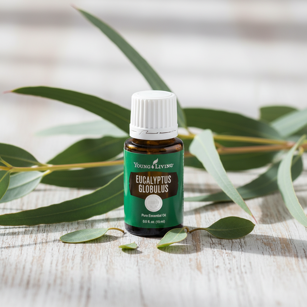 Young Living Eucalyptus Globulus oil bottle with fresh eucalyptus branches on wood