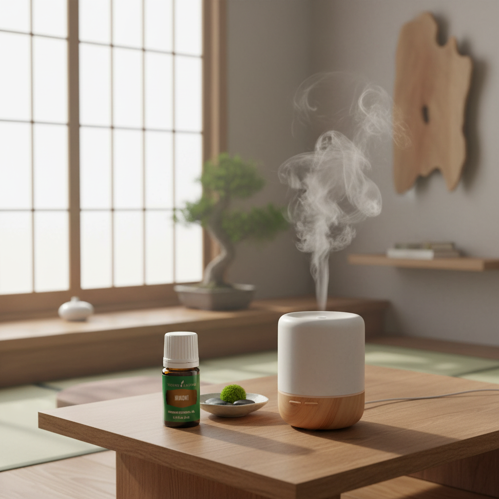 Hinoki bottle next to diffuser in Japanese-inspired room