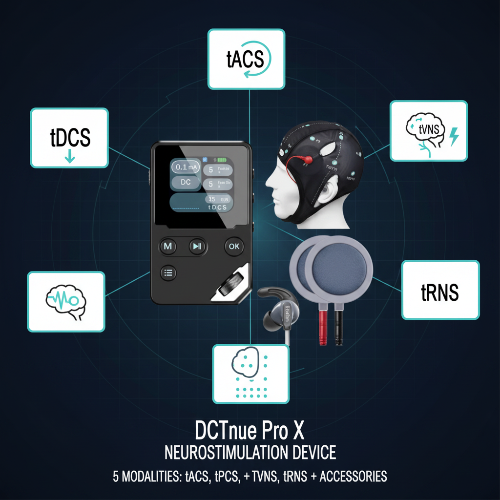 DCTnue Pro X 5 modalities infographic: tDCS, tACS, tPCS, tVNS, tRNS