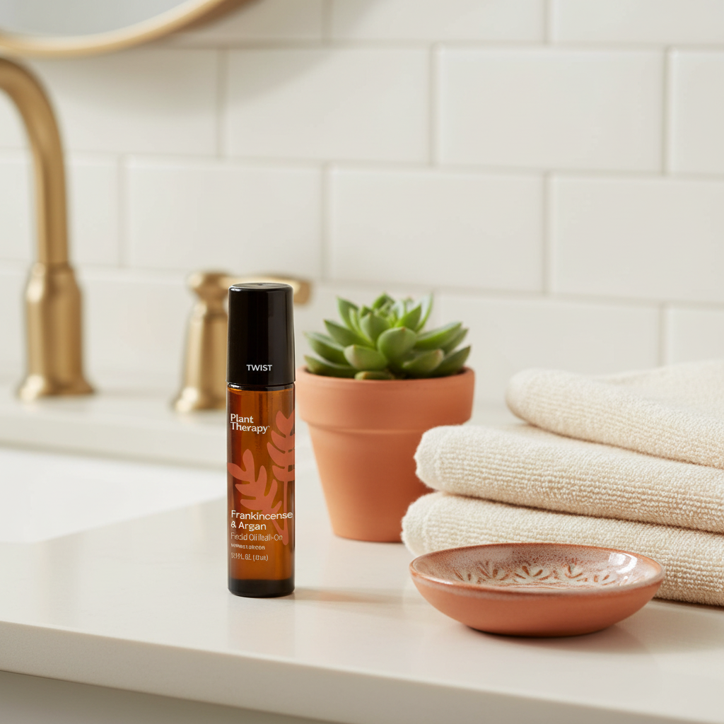Frankincense & Argan facial oil on bathroom vanity