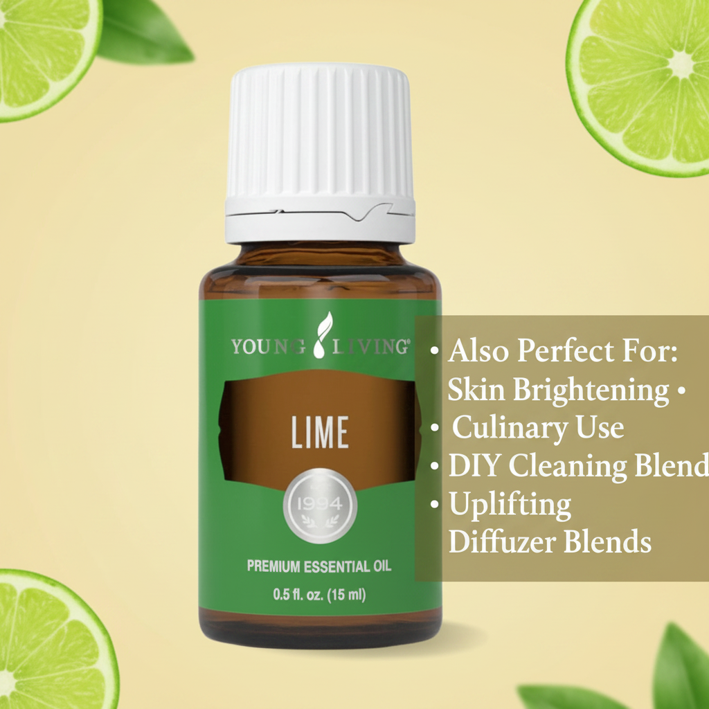 Lime essential oil infographic - Also Perfect For Skin Brightening, Culinary Use, DIY Cleaning, Uplifting Diffuser Blends