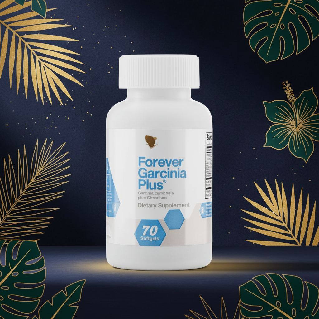 Forever Garcinia Plus bottle on deep navy and gold background