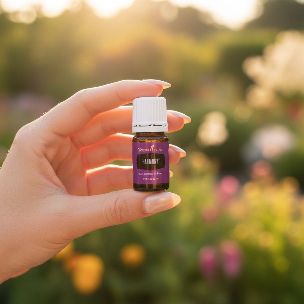 Young Living Harmony essential oil held in hand against botanical garden background