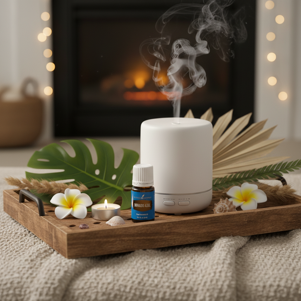 Dorado Azul essential oil next to ceramic diffuser with mist