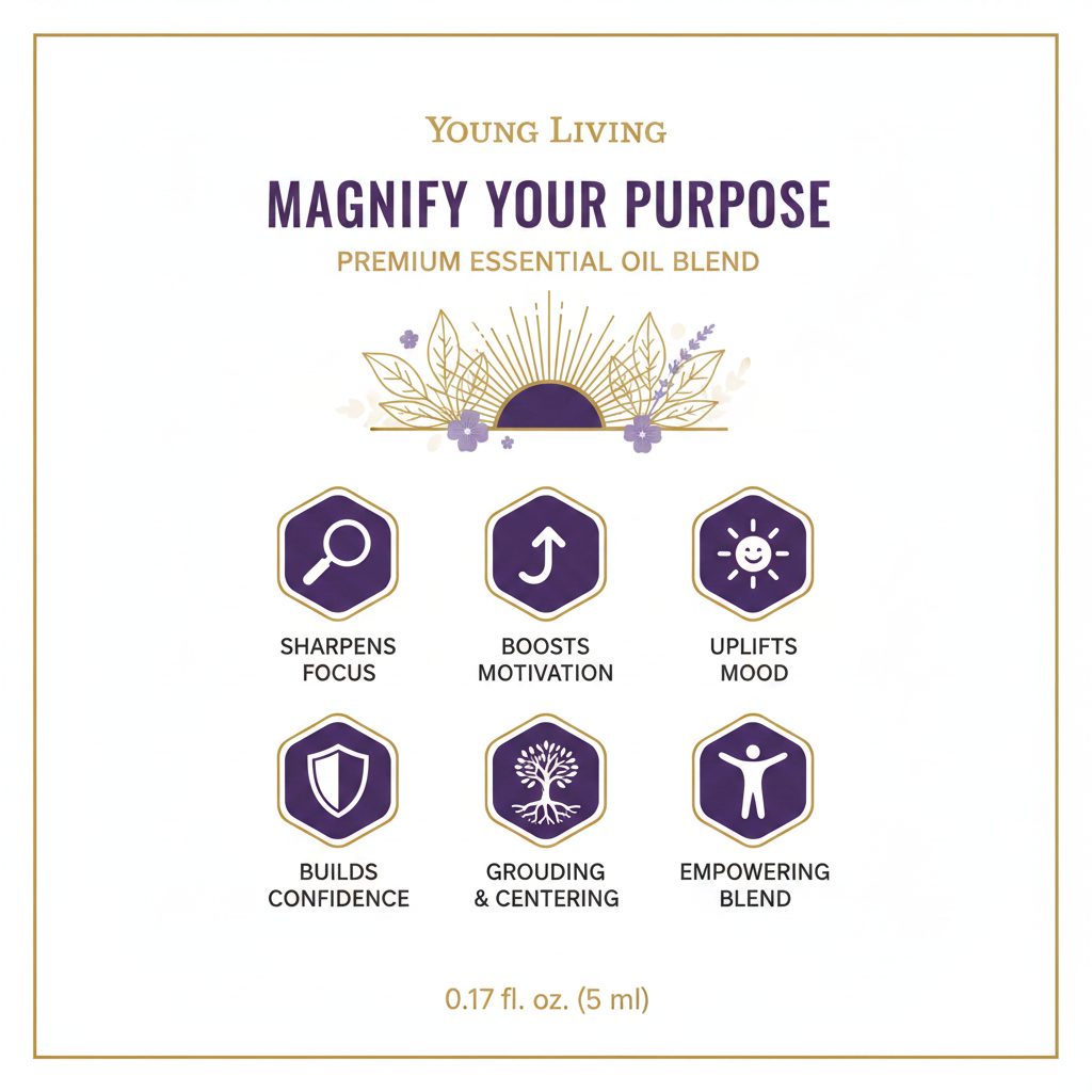 Young Living Magnify Your Purpose Essential Oil benefits infographic