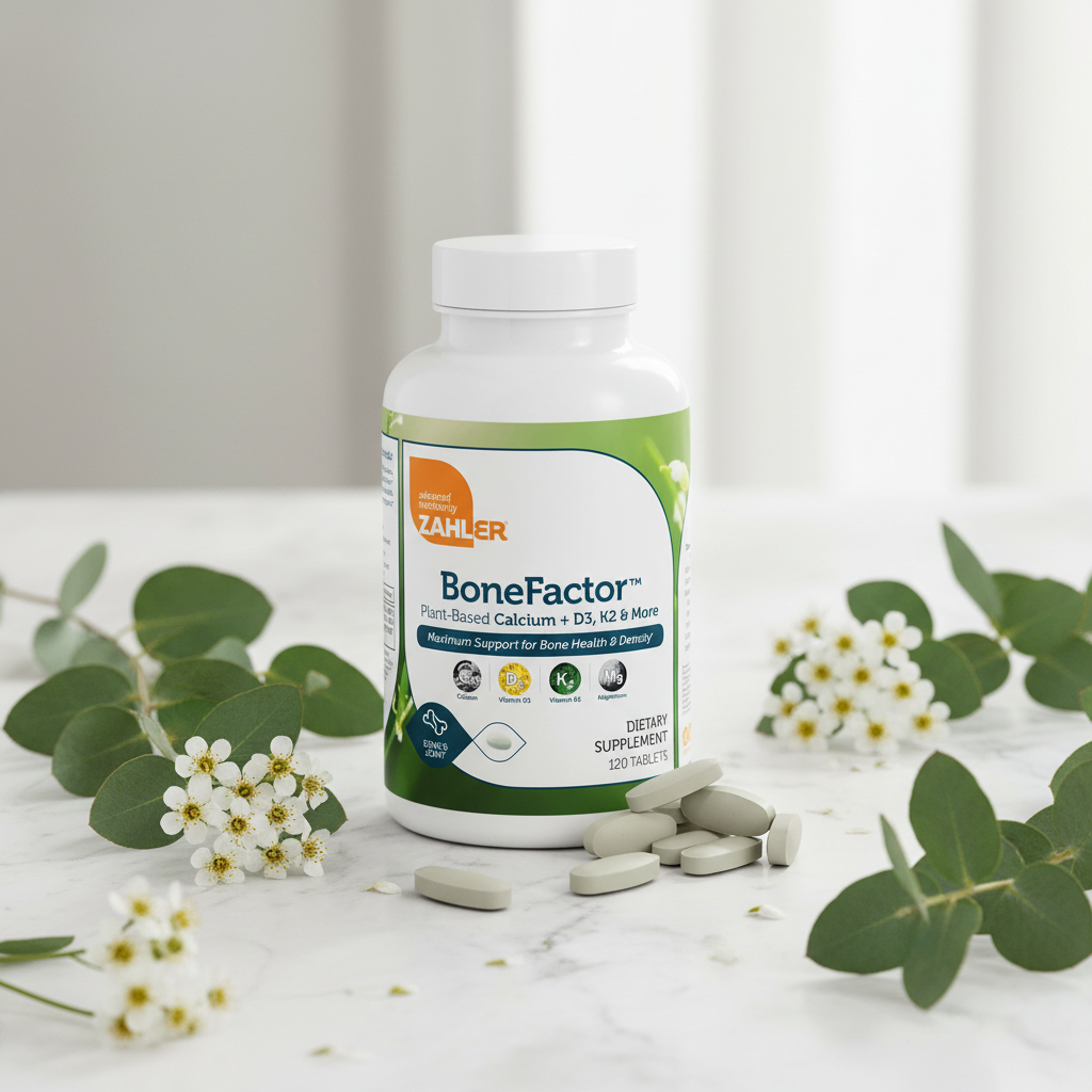 BoneFactor bottle on white marble with wildflowers