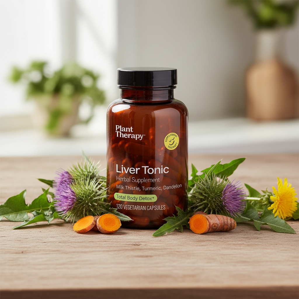 Plant Therapy Liver Tonic with milk thistle turmeric and dandelion on wood