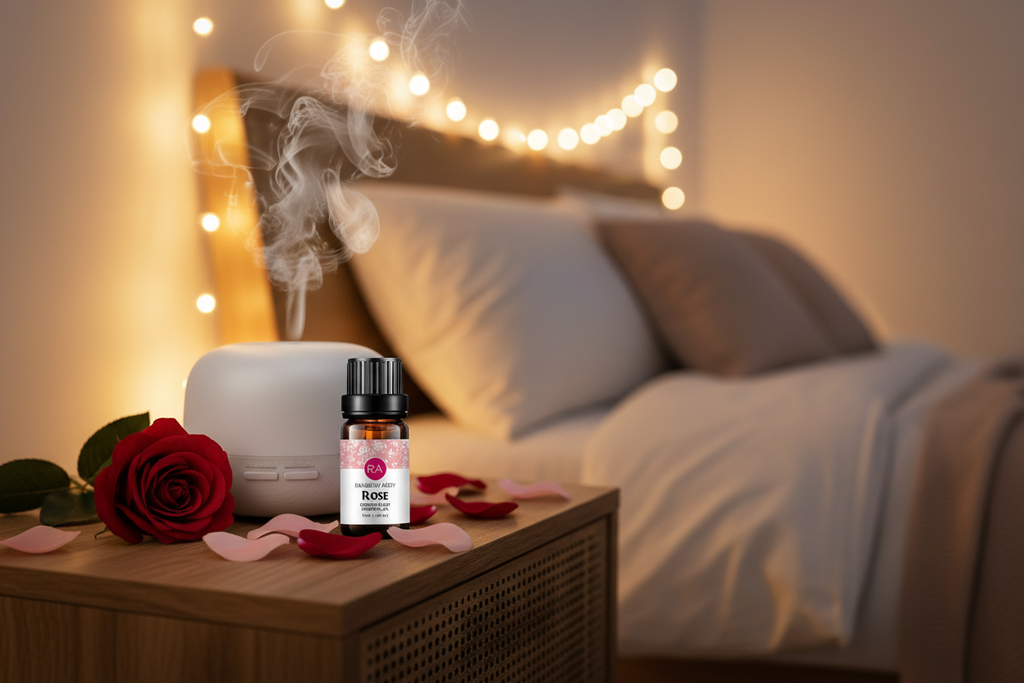 Rose Essential Oil next to diffuser in bedroom