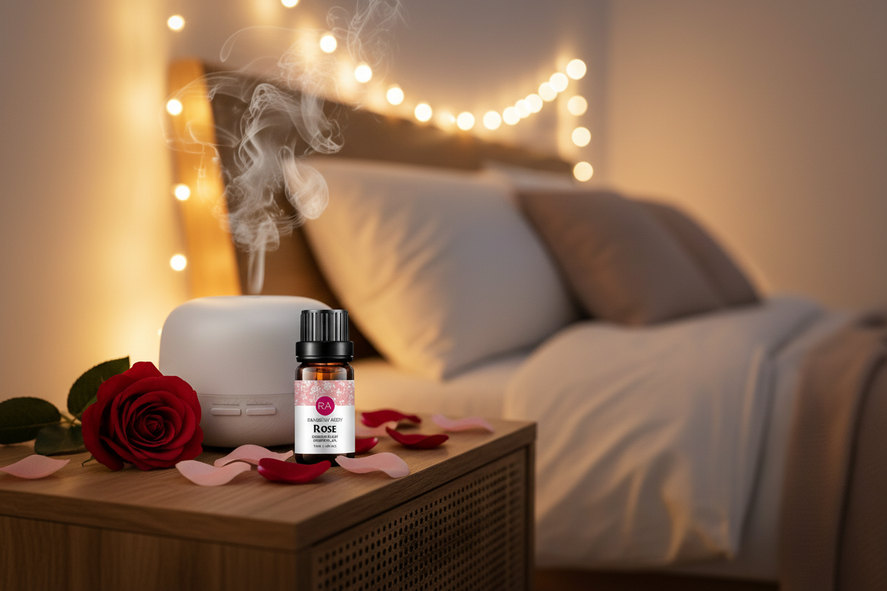 Rose Essential Oil next to diffuser in bedroom