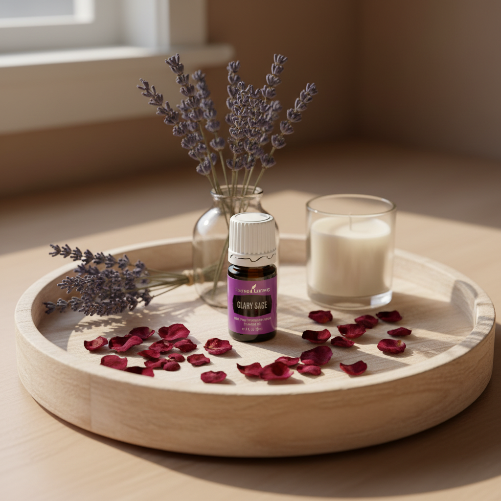 Clary Sage oil on vanity tray with lavender and candle