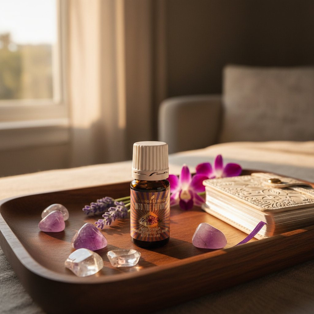 Into The Future essential oil on meditation tray with crystals