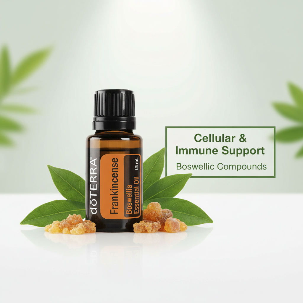 doTERRA Frankincense Essential Oil cellular and immune support infographic - boswellic compounds