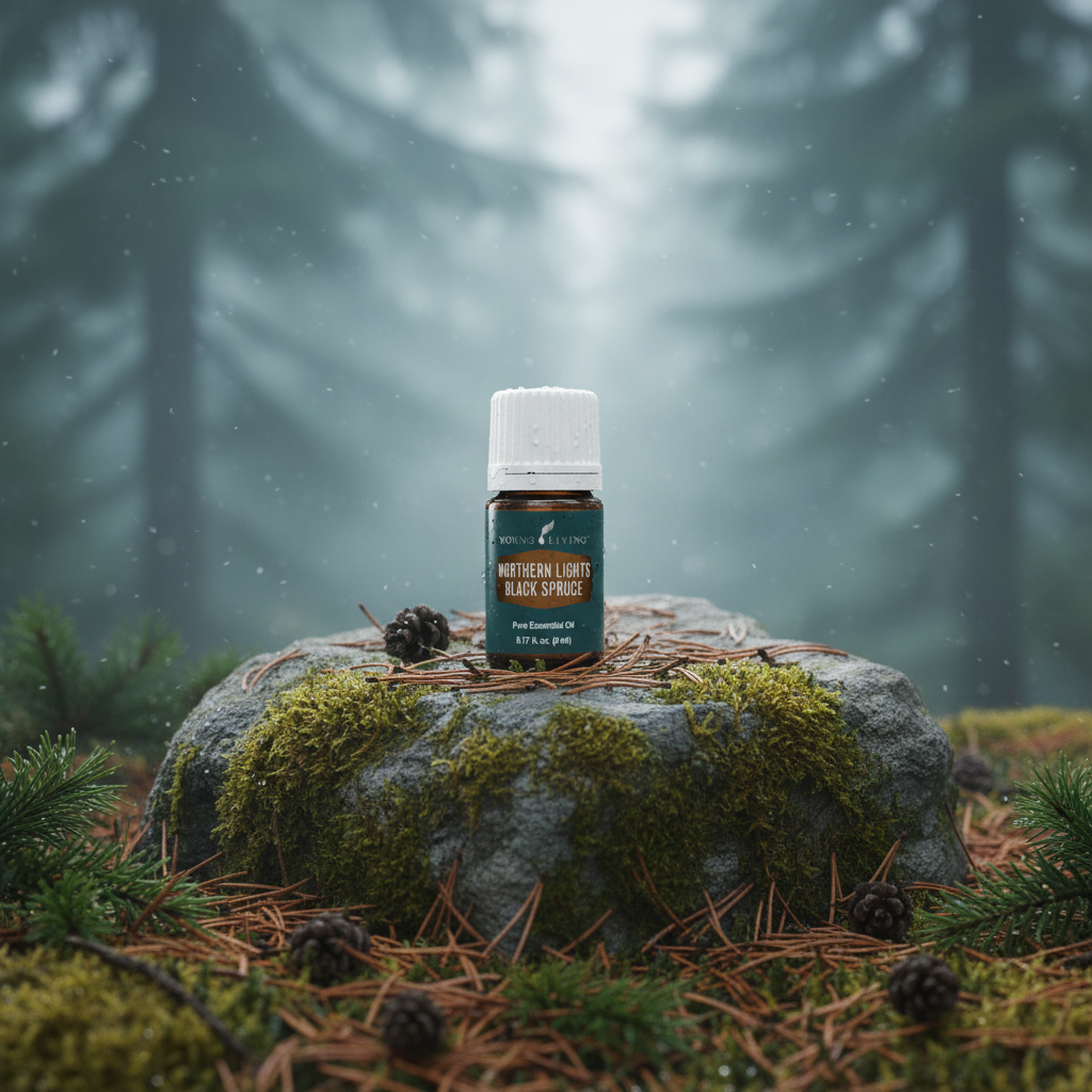 For Stress Relief & Emotional Balance — Northern Lights Black Spruce bottle on mossy rock in Canadian wilderness