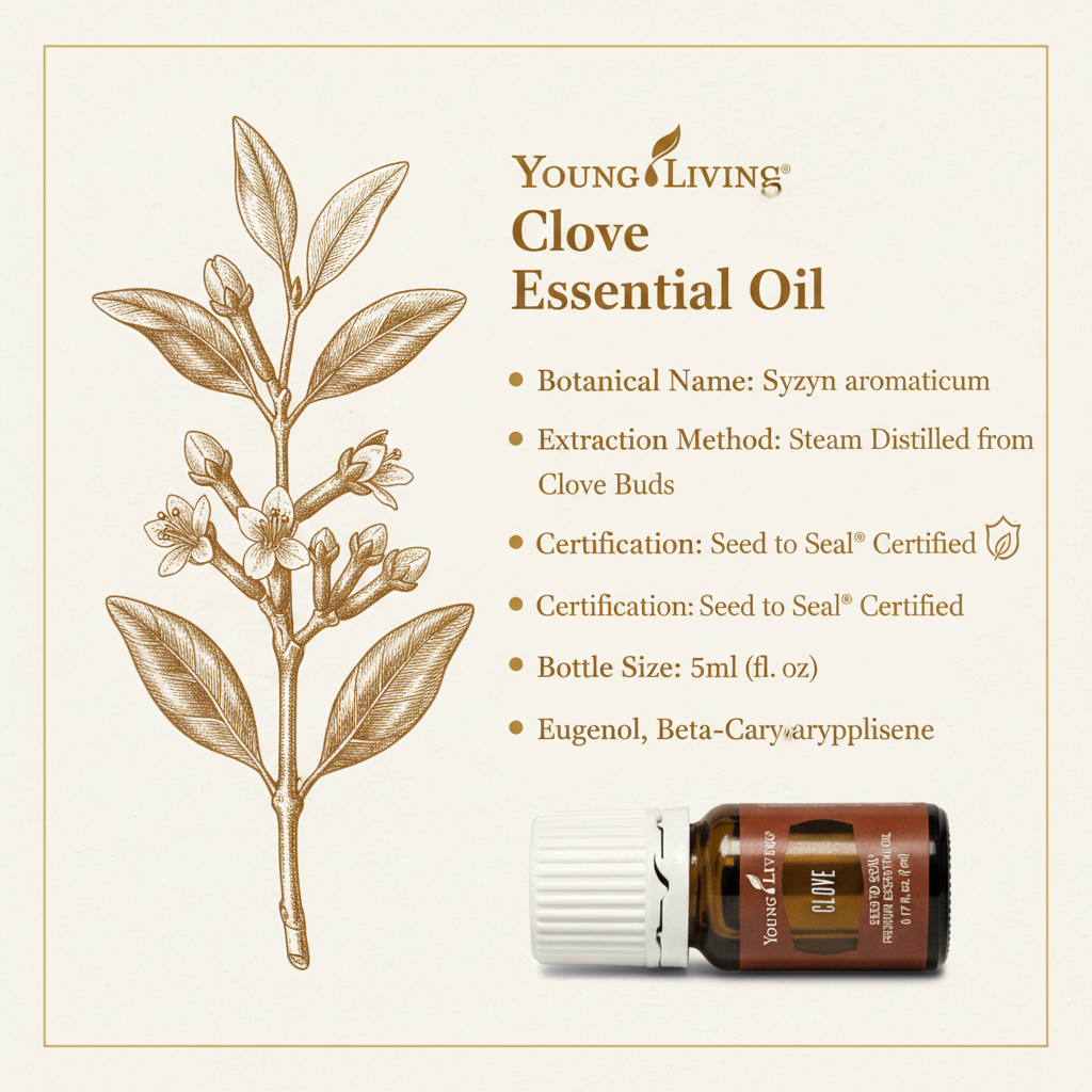 Clove Essential Oil product details infographic