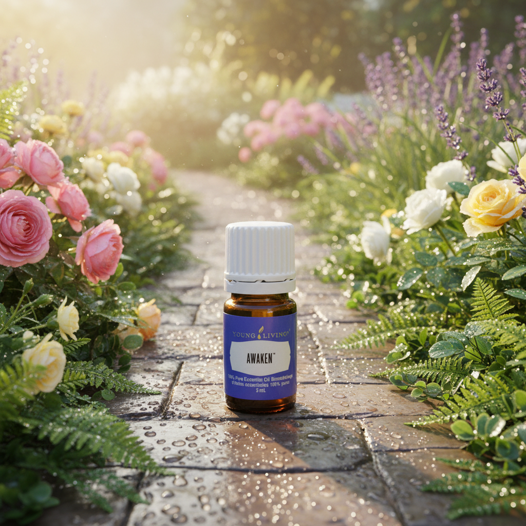 Awaken oil on dewy morning garden path with sunrise light and flowers