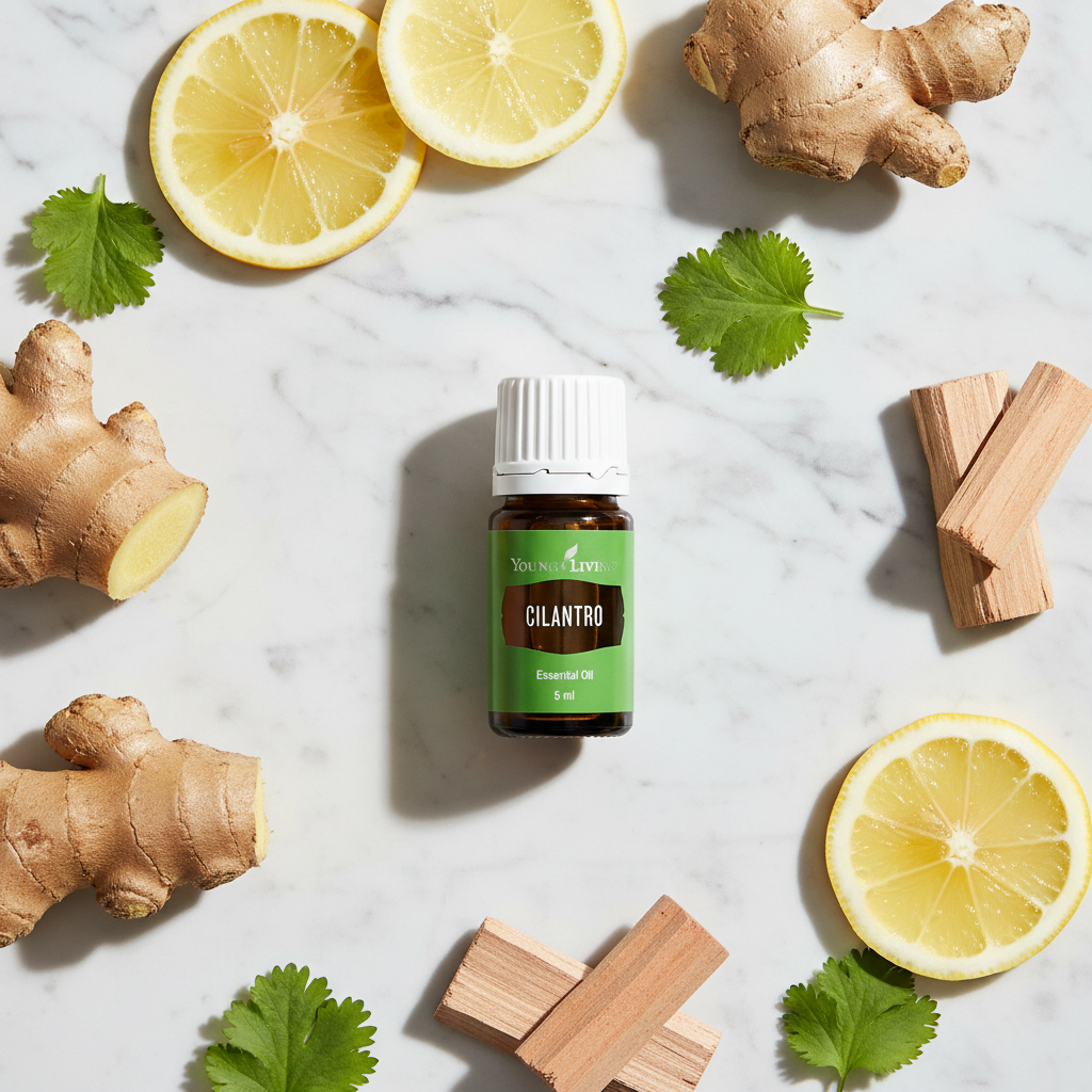 Young Living Cilantro Essential Oil flat lay on marble with ginger and lemon