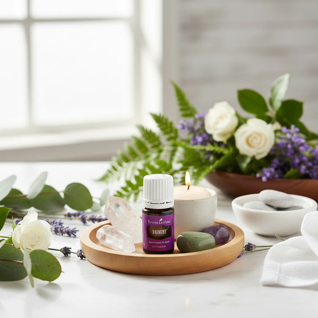 Young Living Harmony essential oil on meditation tray with crystals and candle