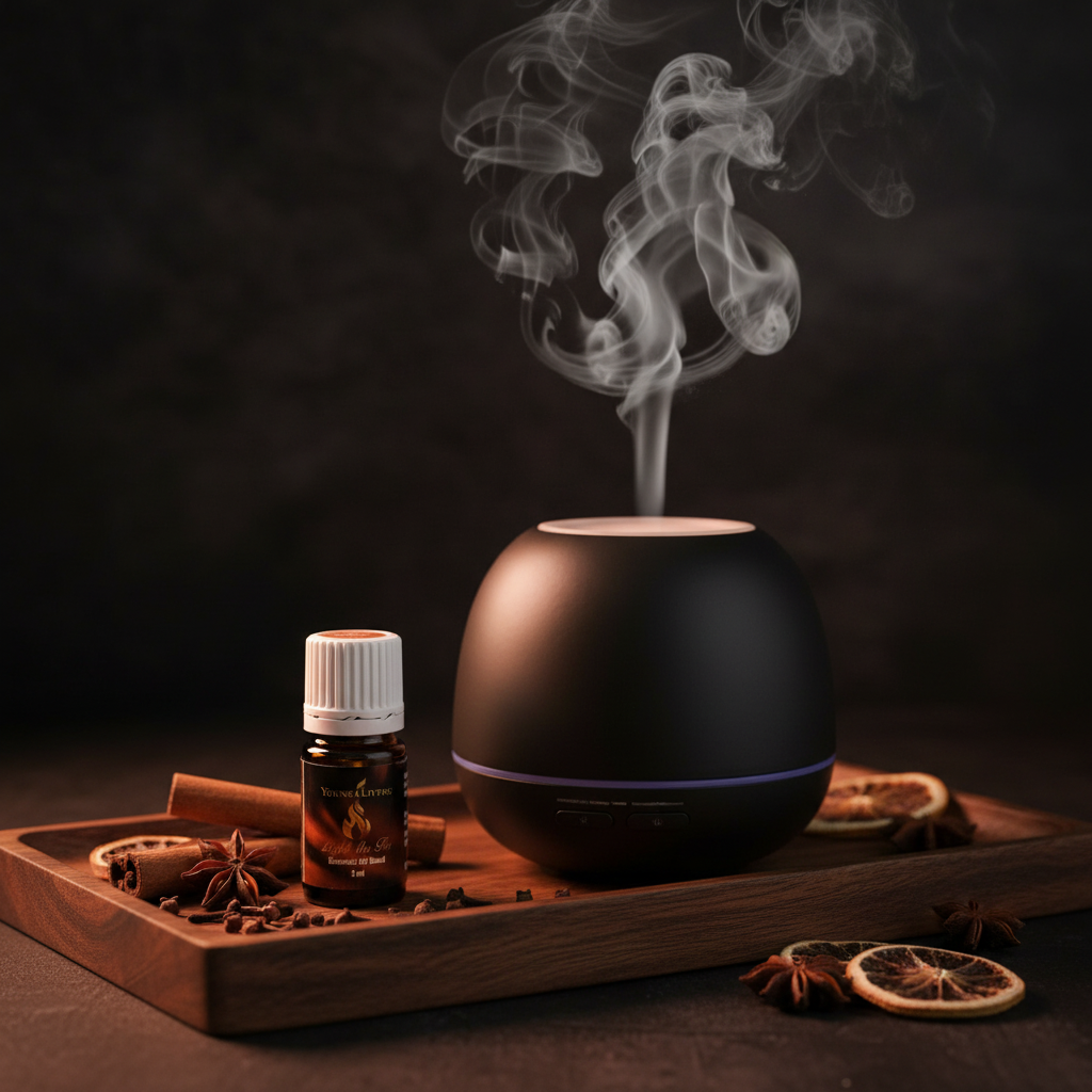Light the Fire essential oil next to black diffuser with mist and warm spice botanicals