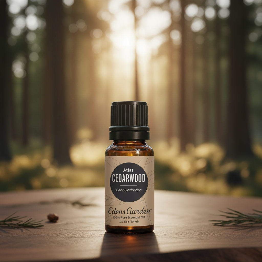 Atlas Cedarwood bottle close-up with cedar forest bokeh background