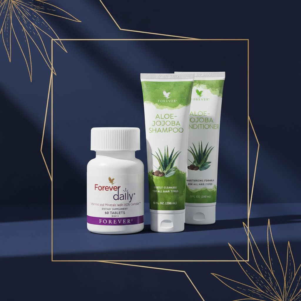 Forever Daily, Aloe-Jojoba Shampoo and Conditioner bundle on navy and gold background