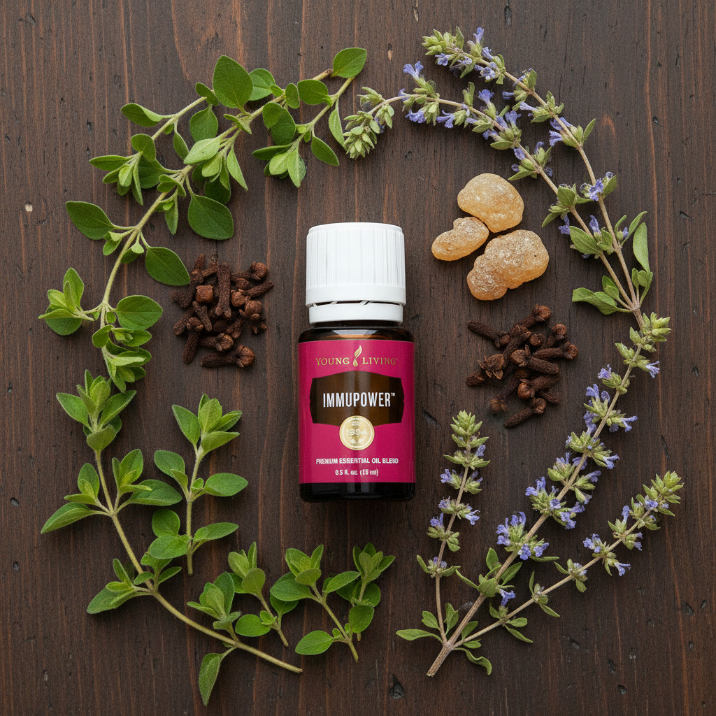 ImmunPower bottle on dark wood with oregano, clove buds, frankincense resin and hyssop botanicals