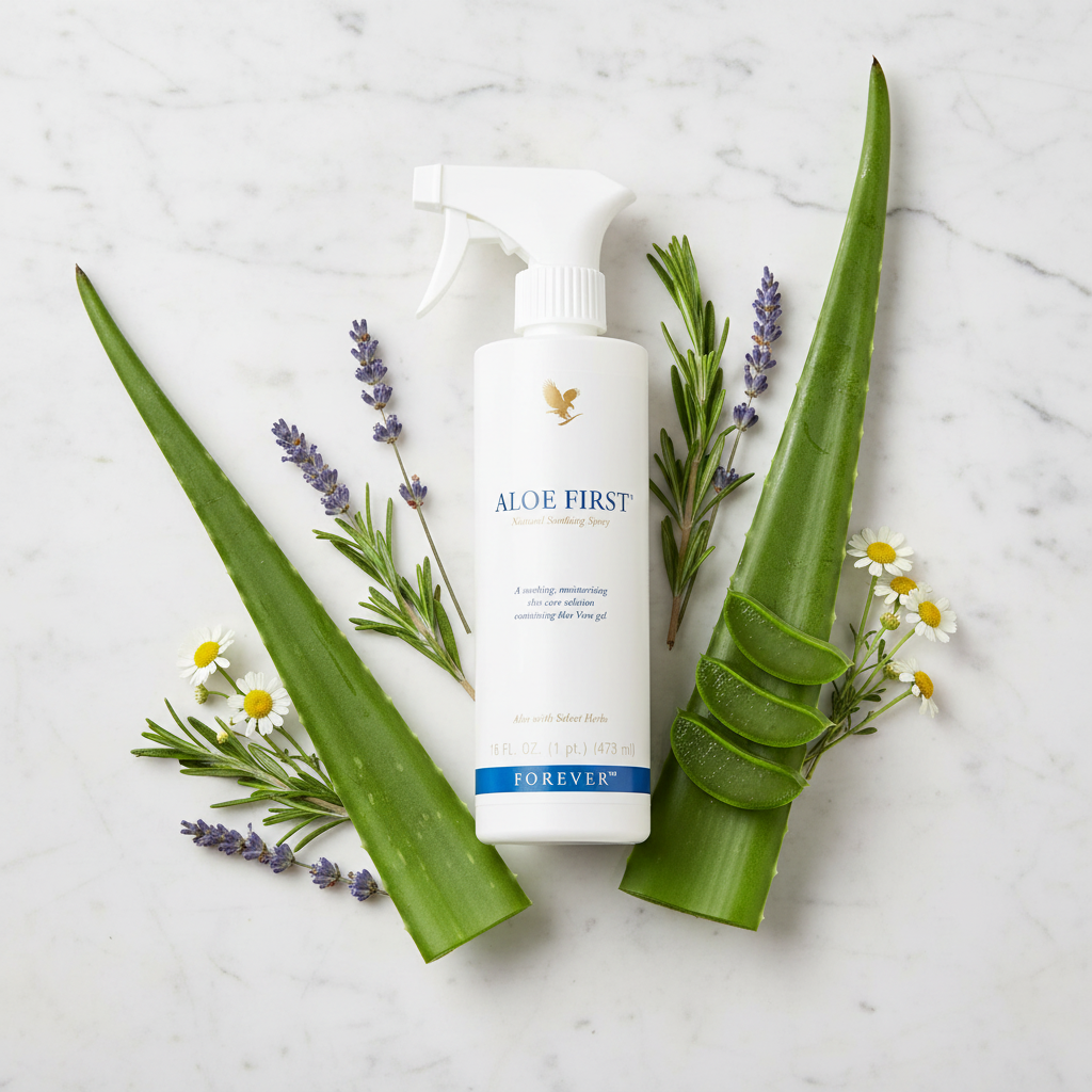 Forever Aloe First Spray on white marble with aloe and herbs