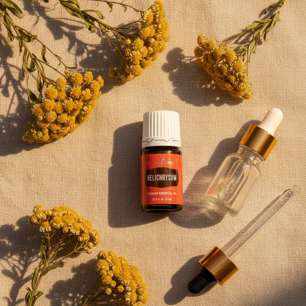 Young Living Helichrysum Essential Oil botanical flat lay with flowers and rosehip oil