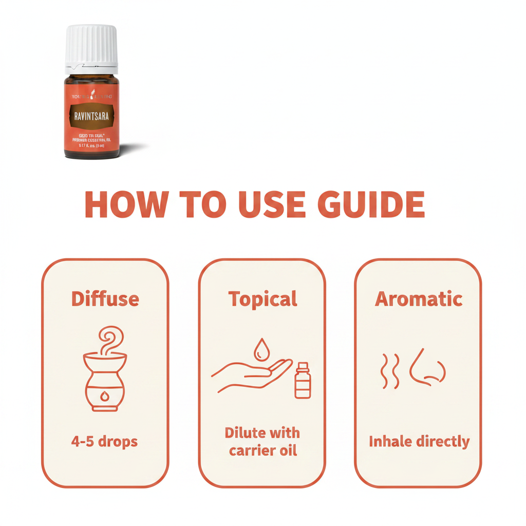 Ravintsara Essential Oil how to use infographic — diffuse, topical, aromatic