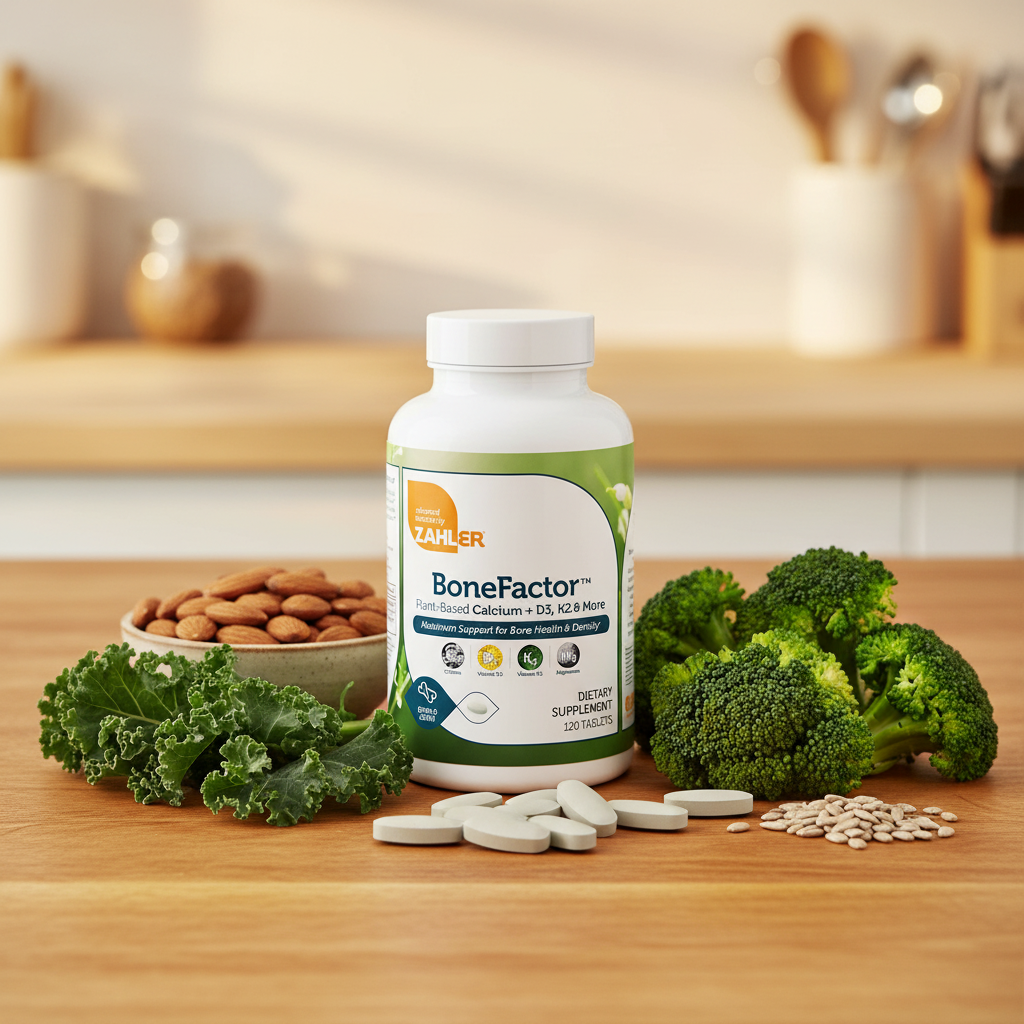 BoneFactor bottle with calcium-rich foods on wooden table