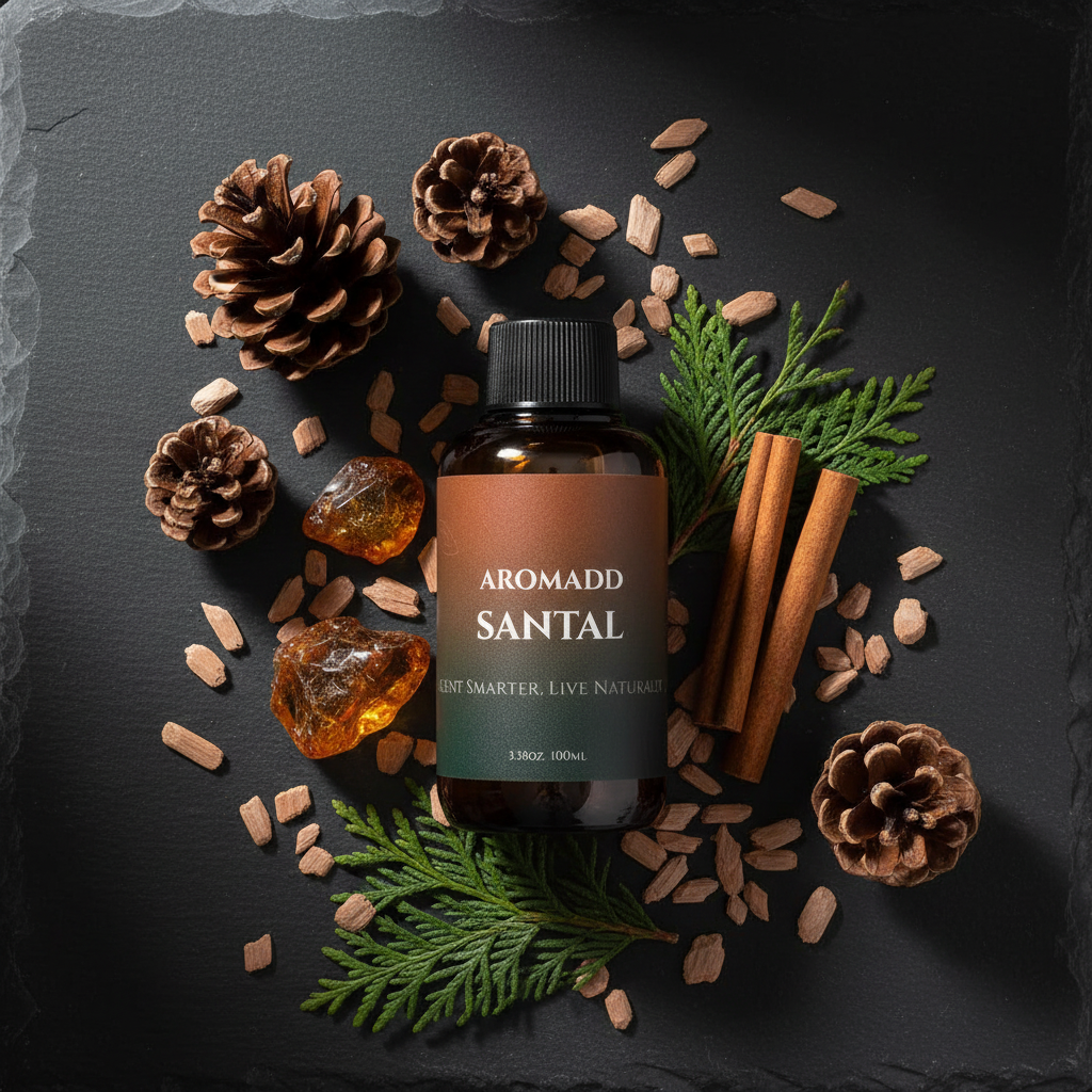 Dark slate flat lay with sandalwood chips, pine cones and cinnamon sticks